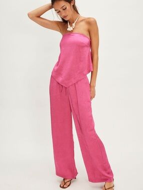 Free People Fuchsia Strapless Textured Jumpsuit